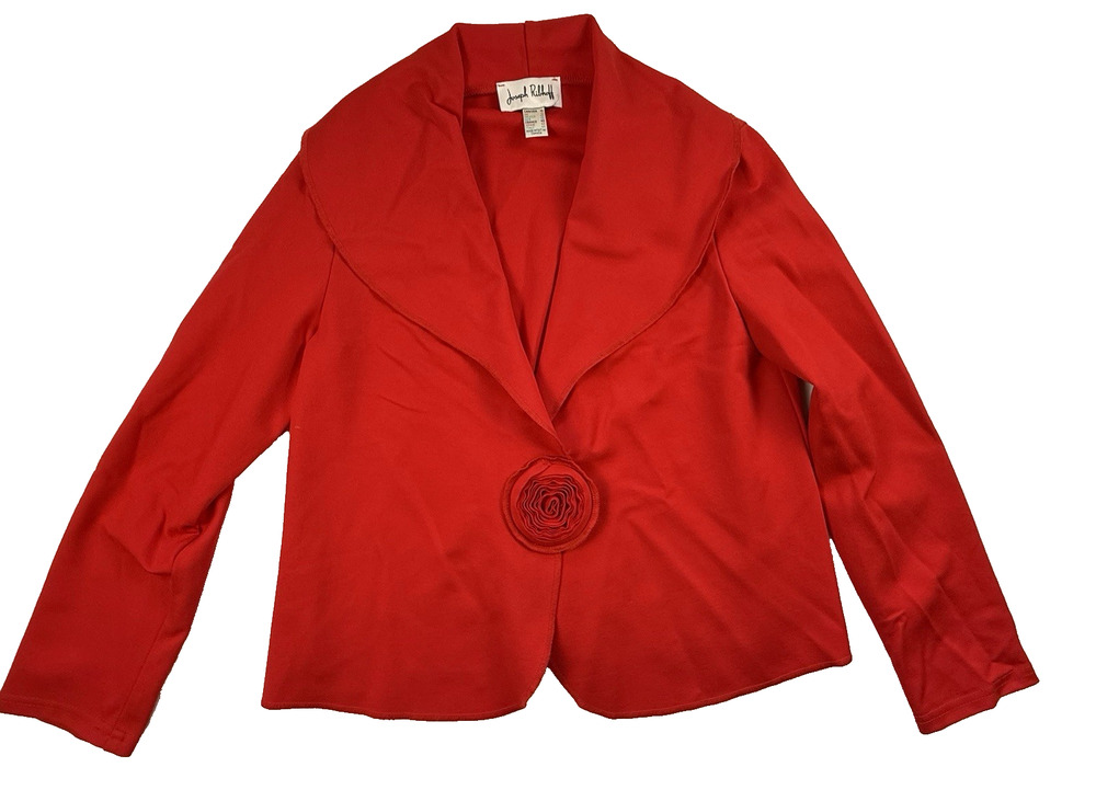 Joseph Ribkoff Red Blazer Jacket Portrait Shawl Collar Flower Rosette Accent 10